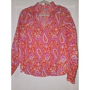 Boden women's orange and Fushia paisley print cotton shirt smocked cuffs Size 4